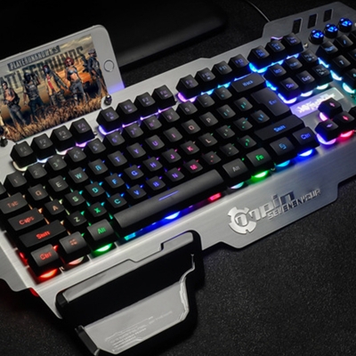 PK-900 USB Wired Metal Gaming Keyboard Gaming Waterproof Multicolor Backlit 104 pcs Keys with Hand Support, White/Camel