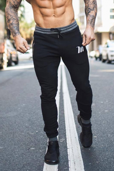 Popular Guys Drawstring Waist Letter Print Cuffed Ankle Slim Fitted Contrasted Sweatpants