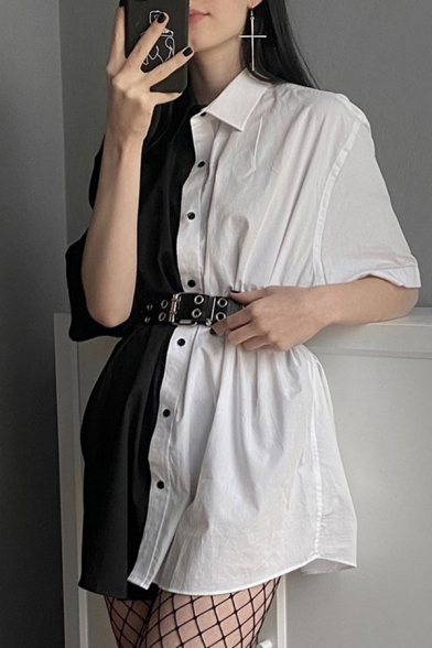 Popular Womens Black Short Sleeve Lapel Neck Button Down Colorblock Longline Relaxed Shirt with Belt