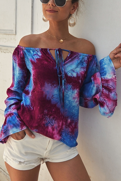 Popular Womens Ruffled Long Sleeve Off the Shoulder Bow Tie Front All Over Floral Tie Dye Relaxed Blouse Top
