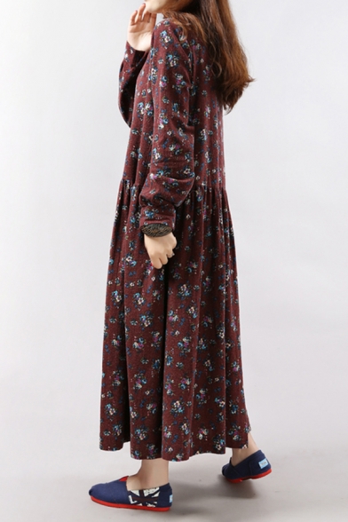 Pretty Girls Long Sleeve Round Neck Ditsy Floral Printed Linen and Cotton Maxi Swing Dress