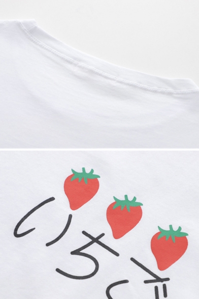 Simple Kawaii Girls Bow Tied Sleeves Round Neck Strawberry Japanese Letter Graphic Loose T Shirt