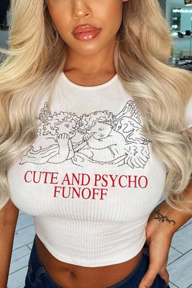 Simple Trendy White Short Sleeve Crew Neck Letter CUTE AND PSYCHO FUNOFF Angel Graphic Knitted Fitted Crop Tee for Ladies