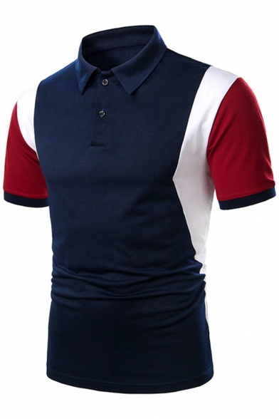 Trendy Guys Short Sleeve Lapel Neck Button Up Color Block Fitted Polo Shirt