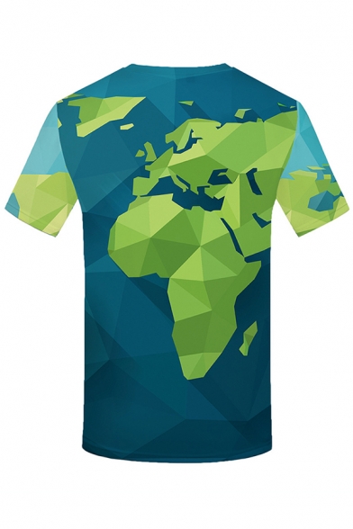 Unique Boys Short Sleeve Round Neck The World Map 3D Printed Relaxed Tee in Green