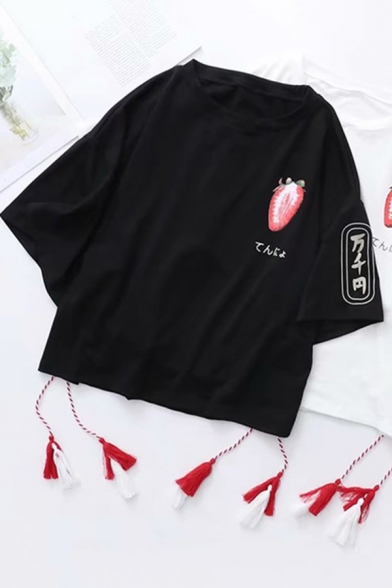 Vintage Short Sleeve Round Neck Japanese Letter Strawberry Graphic Fringe Decoration Loose T Shirt for Girls