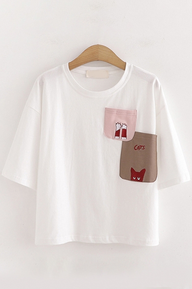 Womens Lovely Short Sleeve Round Neck Cat Letter Embroidery Patched Pocket Relaxed T Shirt