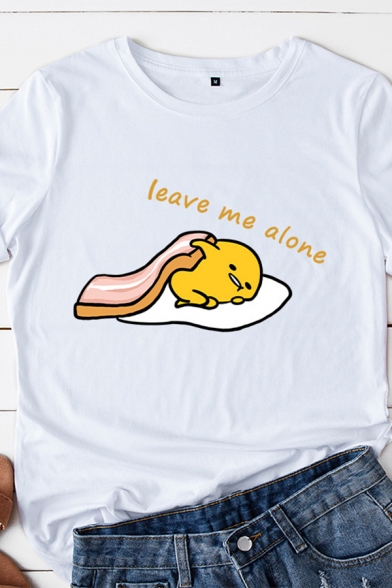 Basic Girls Rolled Short Sleeve Round Neck Letter LEAVE ME ALONE Lazy Egg Graphic Loose Fit T Shirt