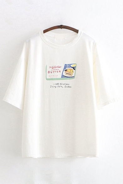 Basic White Short Sleeve Round Neck Butter Pattern Oversize T-Shirt for Ladies