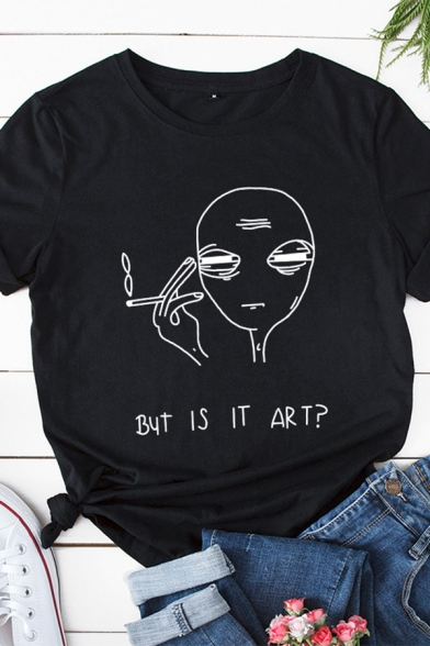 Basic Womens Roll Up Sleeve Round Neck Letter BUT IS IT ART Cartoon Graphic Regular Fitted T Shirt