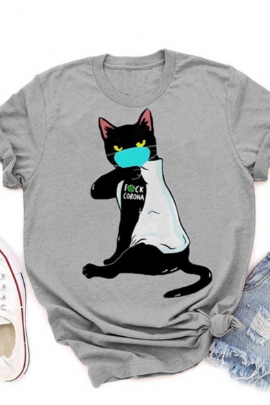 Casual Womens Roll Up Sleeve Crew Neck Funny Cat Pattern Slim Fit Tee Top