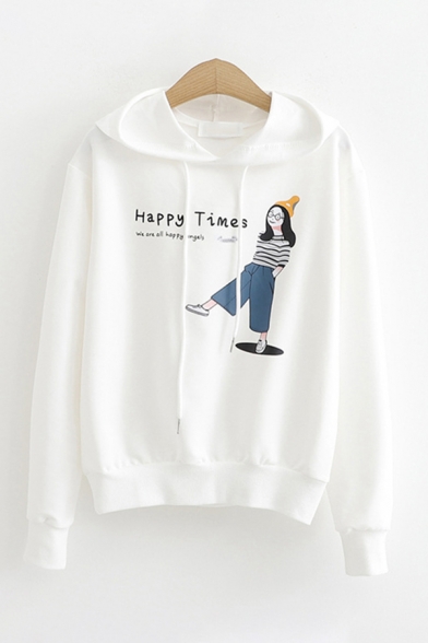 Chic Street Womens Long Sleeve Drawstring Letter HAPPY TIMES Cartoon Character Graphic Relaxed Hoodie