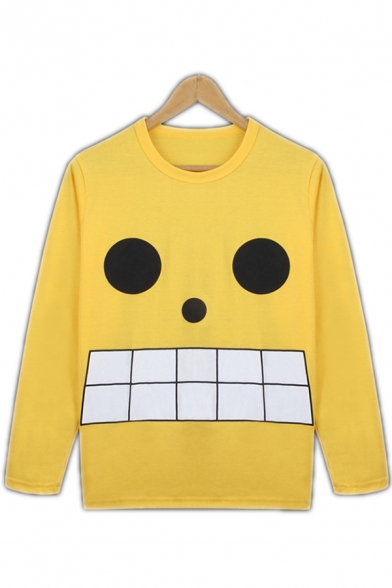 Cool Anime Long Sleeve Crew Neck Hooded Funny Face Printed Letter Graphic Relaxed Fit Pullover Sweatshirt in Yellow