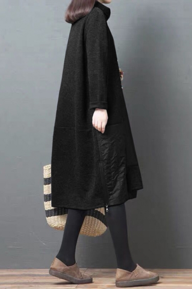 Cool Retro Womens Long Sleeve Cowl Neck Quilted Patchwork Long Oversize Thick Black Dress