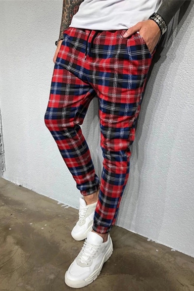 Fancy Stylish Mens Drawstring Waist Plaid Printed Ankle Length Relaxed Fit Pants