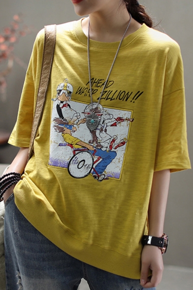 Fashionable Girls Short Sleeve Round Neck AHEAD WARP ZILLON Comic Graphic Loose Fit T Shirt