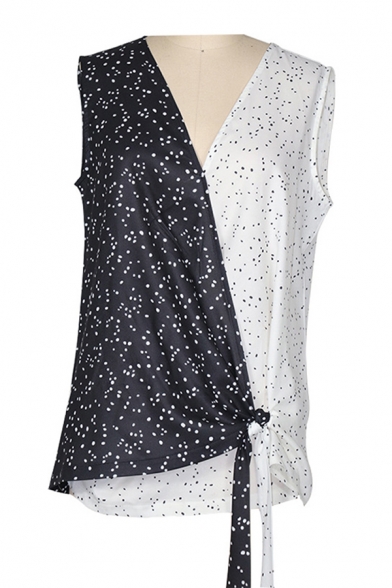 Fashionable Womens Sleeveless Surplice Neck Polka Dot Print Tied Patchwork Relaxed Tank Top in Black