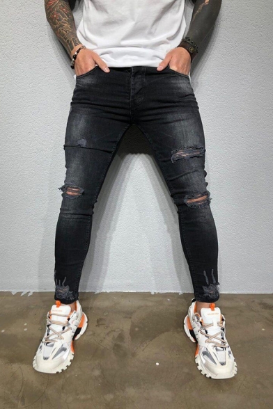 Mens Mid Rise Ripped Bleach Ankle Length Skinny Jeans in Black