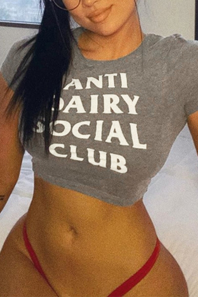 Hot Trendy Ladies Short Sleeve Crew Neck Letter ANTI DAIRY SOCIAL CLUB Slim Fit Crop T Shirt in Gray