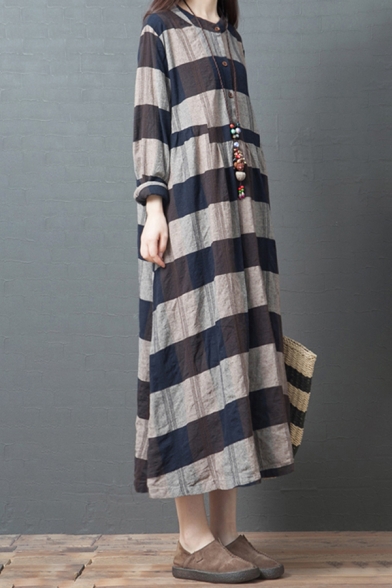 Leisure Simple Womens Long Sleeve V-Neck Button Up Stripe Printed Linen Maxi Oversize Dress