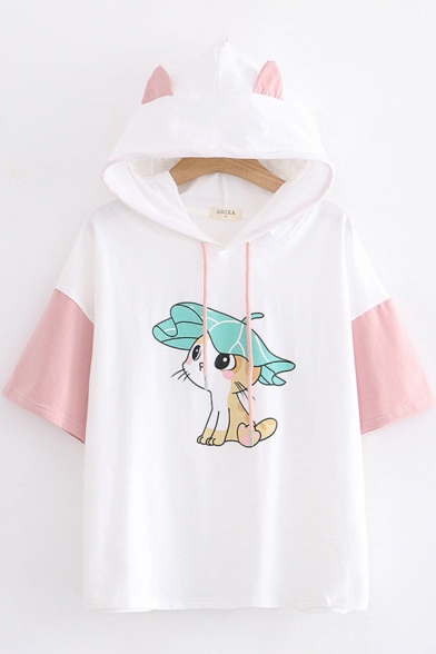 

Lovely Girls Short Sleeve Drawstring Hooded Cat Printed Colorblock Relaxed T-Shirt, Blue;pink, LC612862