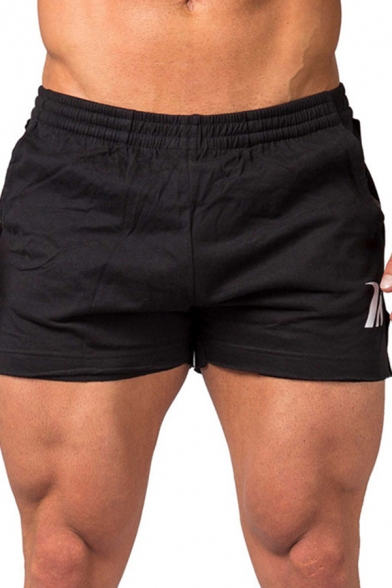 Mens Training Elastic Waist Letter IN Print Contrast Piped Slim Fit Shorts