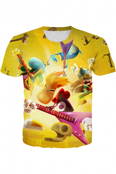 Popular Boys Short Sleeve Crew Neck 3D Cartoon Band Print Relaxed Fit Tee Top in Yellow