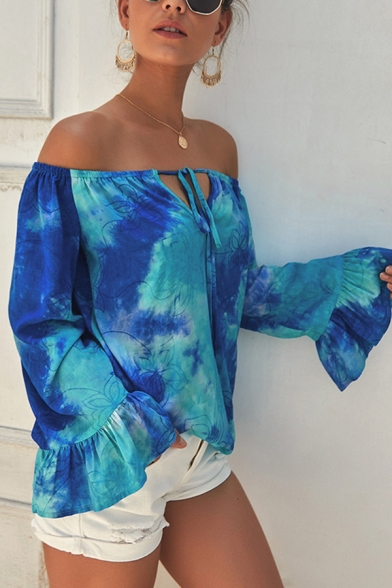 Popular Womens Ruffled Long Sleeve Off the Shoulder Bow Tie Front All Over Floral Tie Dye Relaxed Blouse Top
