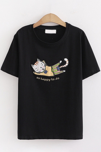 Preppy Looks Short Sleeve Round Neck Letter SO HAPPY TO DO Cat Embroidered Relaxed Tee Top for Women