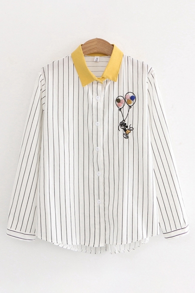 Pretty Girls Long Sleeve Lapel Collar Button Down Balloon Embroidery Contrasted Striped Polka Dot Curved Hem Shirt in White