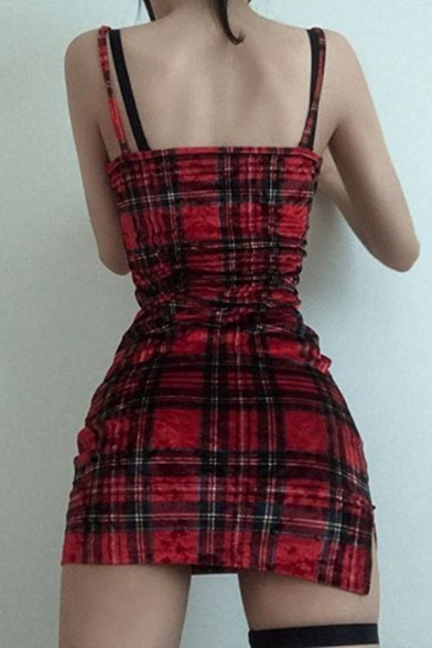 Pretty Girls Sleeveless Checker Print Slit Side Mini Sheath Cami Dress in Red