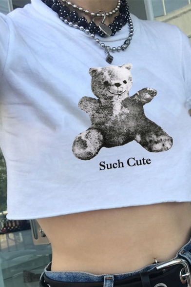 Summer Basic Women's Short Sleeve Crew Neck Letter SUCH CUTE Bear Graphic Regular Fit T-Shirt in White