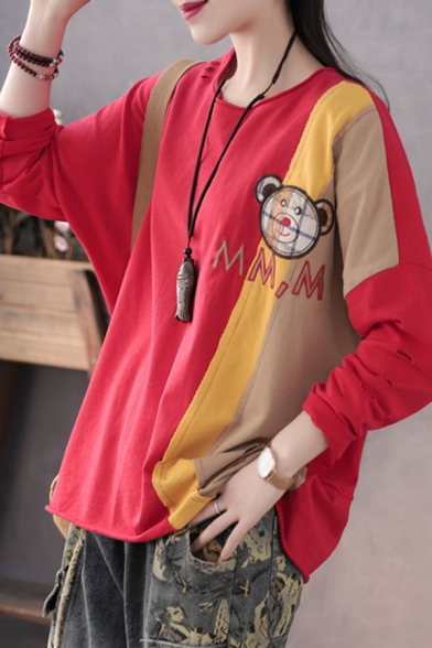 Unique Ladies Long Sleeve Round Neck Bear Letter MM Embroidery Color Block Ripped Rolled Edge Relaxed Fit T Shirt