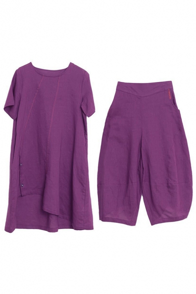 Unique Ladies Purple Short Sleeve Round Neck Contrast Piped Button Sides Asymmetric Hem Oversize Long T Shirt with Baggy Pants