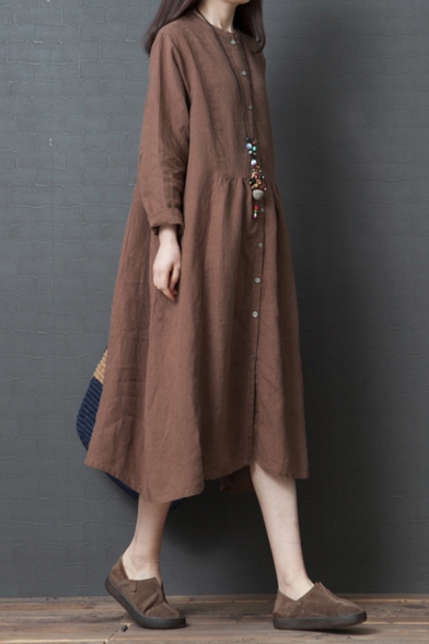 Vintage Womens Long Sleeve Crew Neck Button Down Linen and Cotton Asymmetric Hem Maxi Swing Dress in Coffee