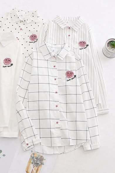 Casual Womens Long Sleeve Lapel Collar Button Down Smile Face Embroidery Plaid Stripe Polka Dot Curved Hem Loose Shirt in White