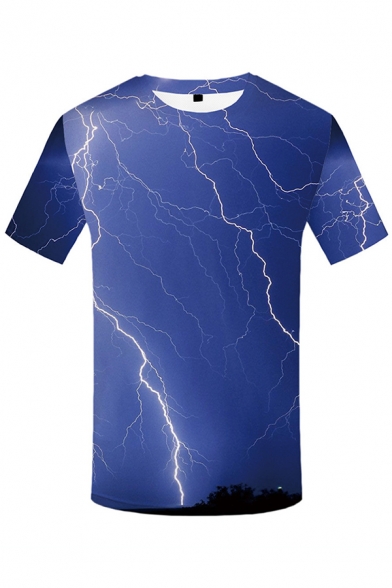 Chic Mens Short Sleeve Round Neck Lightning Printed Relaxed Fit T-Shirt in Blue