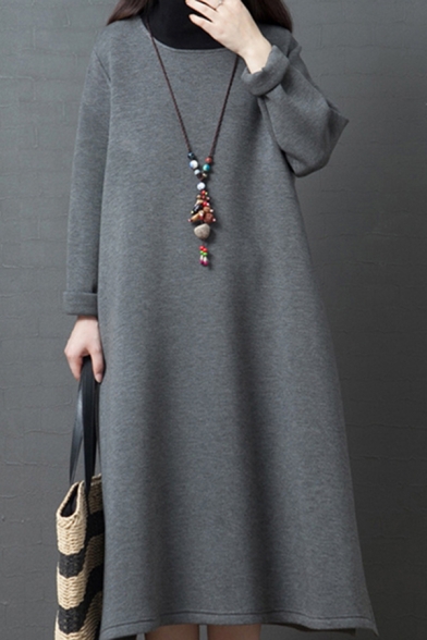 Chic Simple Solid Color Long Sleeve High Collar Slit Sides Sherpa Liner Long Oversize Sweatshirt Dress for Ladies