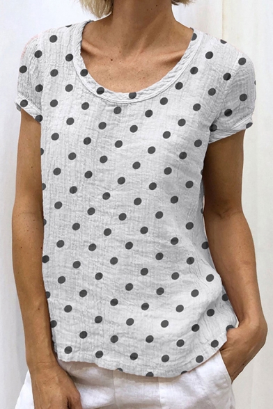Classic Girls Short Sleeve Round Neck Polka Dot Printed Relaxed Fit T-Shirt