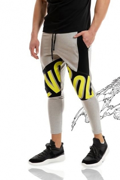 Cool Street Fitness Boys Drawstring Waist Letter Print Color Block Ankle Length Slim Fit Pants
