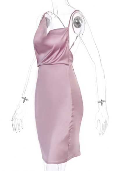 Elegant Ladies Solid Color Sleeveless Cowl Neck Asymmetric Mini Sheath Dress