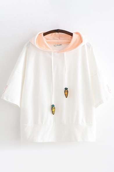 Fashion Girls Short Sleeve Drawstring Rabbit Carrot Embroidered Relaxed Fit Ears Hooded T-Shirt