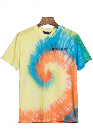 Fashionable Boys Short Sleeve Crew Neck Tie Dye Vortex Print Relaxed Tee Top in Yellow