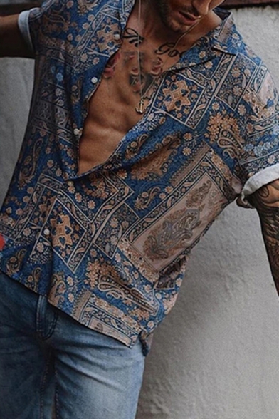 Fashionable Mens Roll-Up Sleeve Lapel Collar Button Down Allover Flower Printed Loose Shirt in Blue