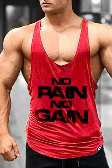 Guys Sleeveless Round Neck Letter NO PAIN NO GAIN Print I-Shape Back Fitted Tank in Red