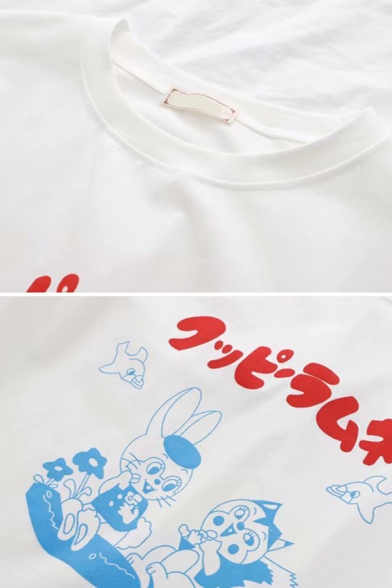 Leisure Cute Girls Short Sleeve Round Neck Japanese Letter Cat Rabbit Graphic Relaxed T Shirt