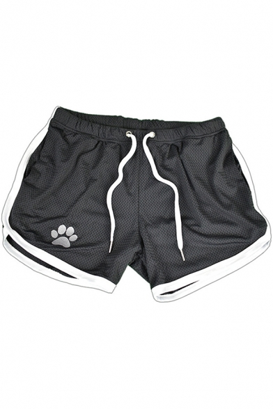 Leisure Mens Drawstring Waist Paw Patterned Contrasted Piped Breathable Fitted Shorts