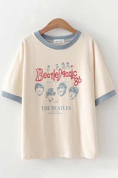 

Leisure Womens Short Sleeve Round Neck Letter BEATLE MAGIC Cartoon Graphic Contrasted Pipe Loose Fit T-Shirt, White;khaki, LM612531