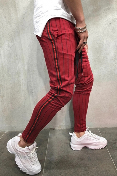 New Trendy Boys Drawstring Waist Stripe Printed Contrasted Ankle Length Slim Fit Trousers