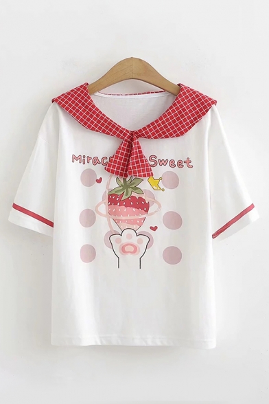 Preppy Girls Short Sleeve Sailor Collar Strawberry Paw Polkd Dot Plaid Printed Letter Graphic Striped Relaxed Fit Tee in White